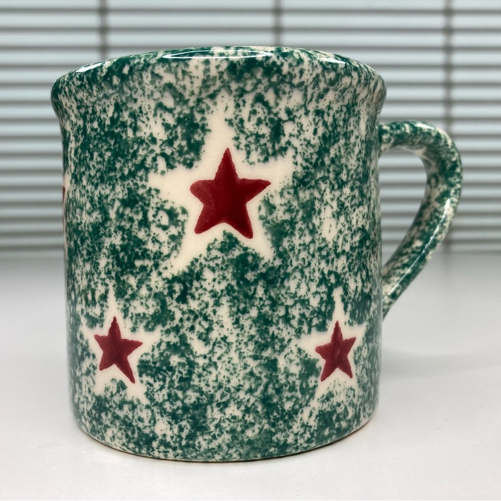 Vintage Hartstone Mug Green Sponge Ware Red And White Stars